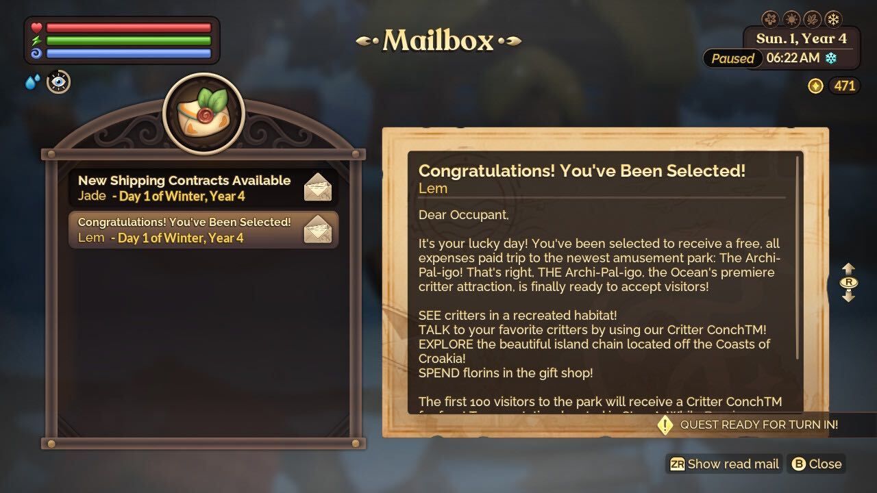 lem's letter inviting you to archipaligo park fae farm dlc coasts of croakia