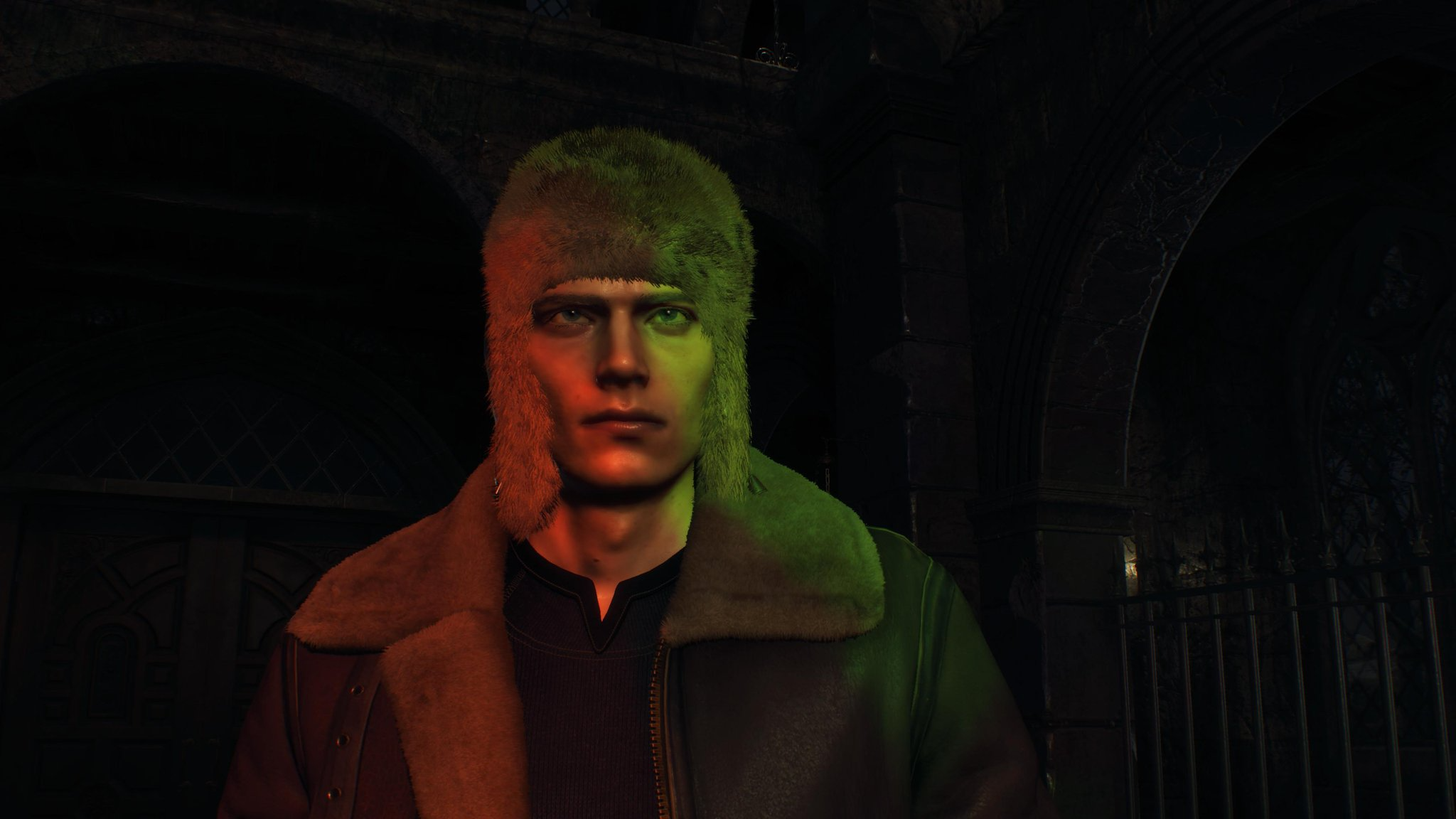 Leon Kennedy in a rainbow light for Resident Evil 4 Remake.