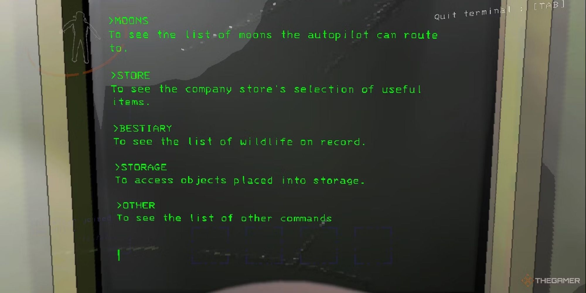 A screenshot from Lethal Company of the category prompts from the terminal, incuding Moons, Store, Bestiary, Storage, and Other