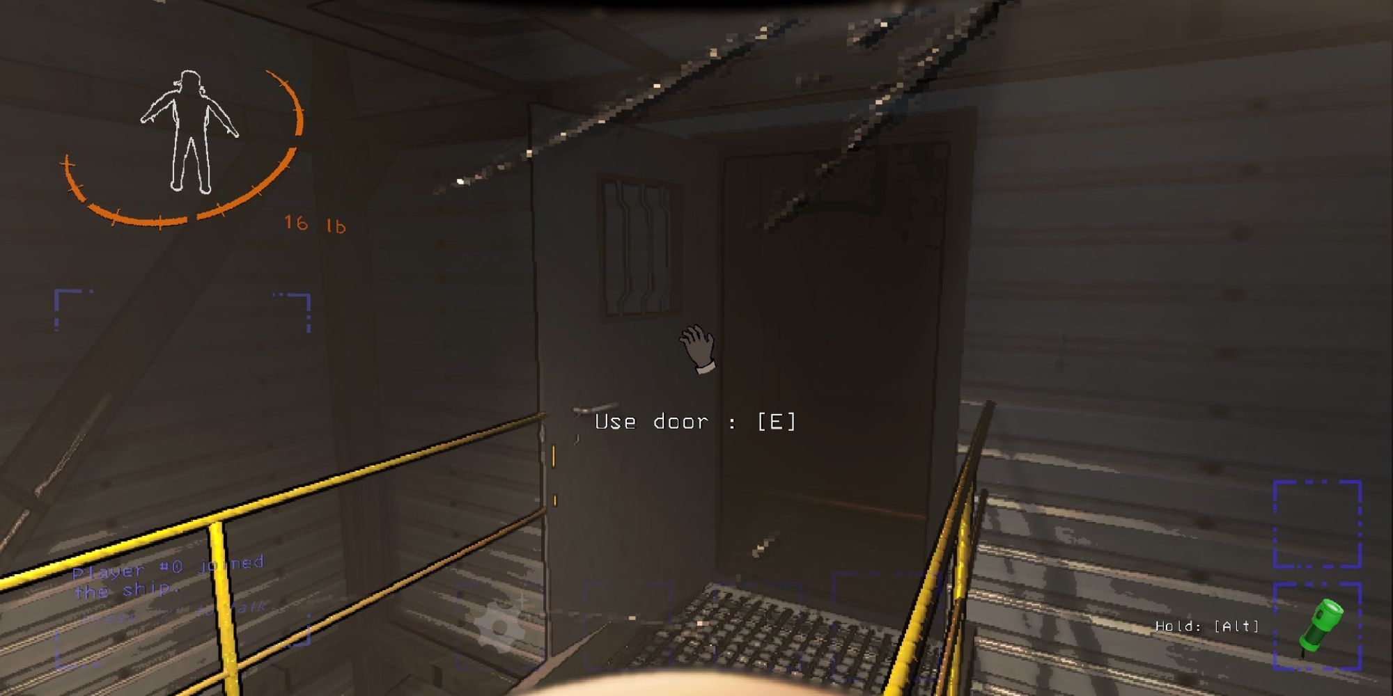 A first-person view of a player looking at a grey, metal door that can be opened or closed by holding the "E" key.