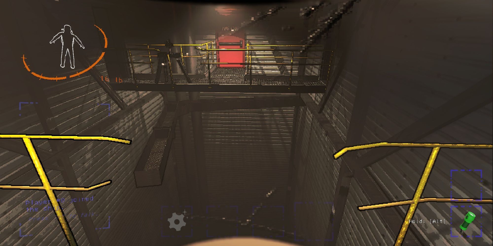 A first-person view of two, metal pathways with rails, separated by a deep, dark gap.