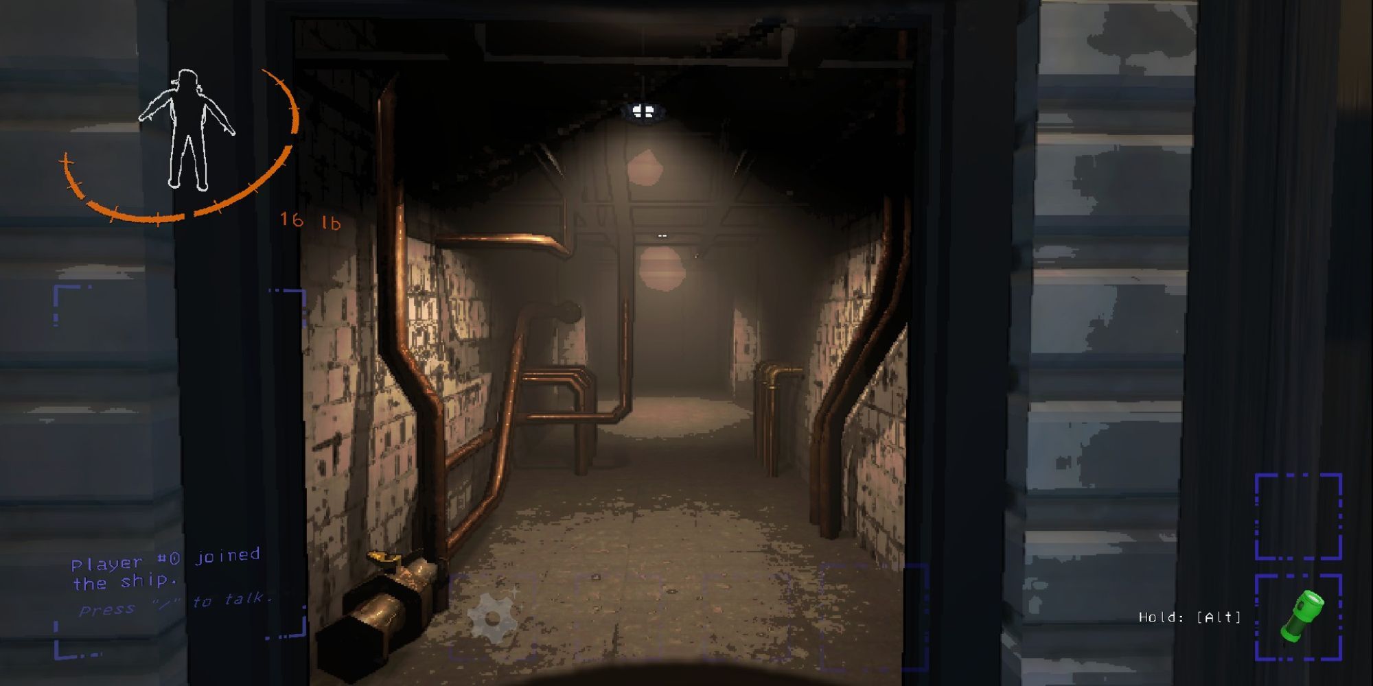 A long, dimly lit corridor with copper piping twisting along the walls.