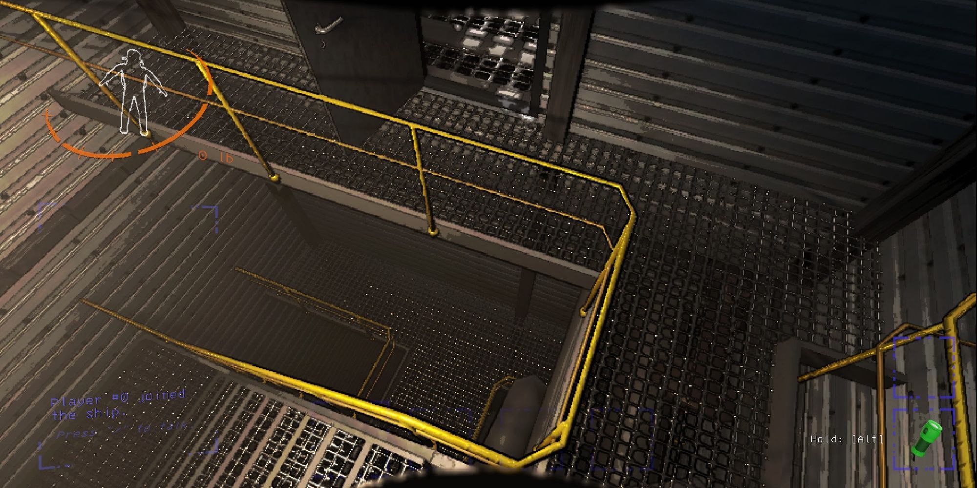 A first-person view of a player standing on top of thin, metal, yellow railing.
