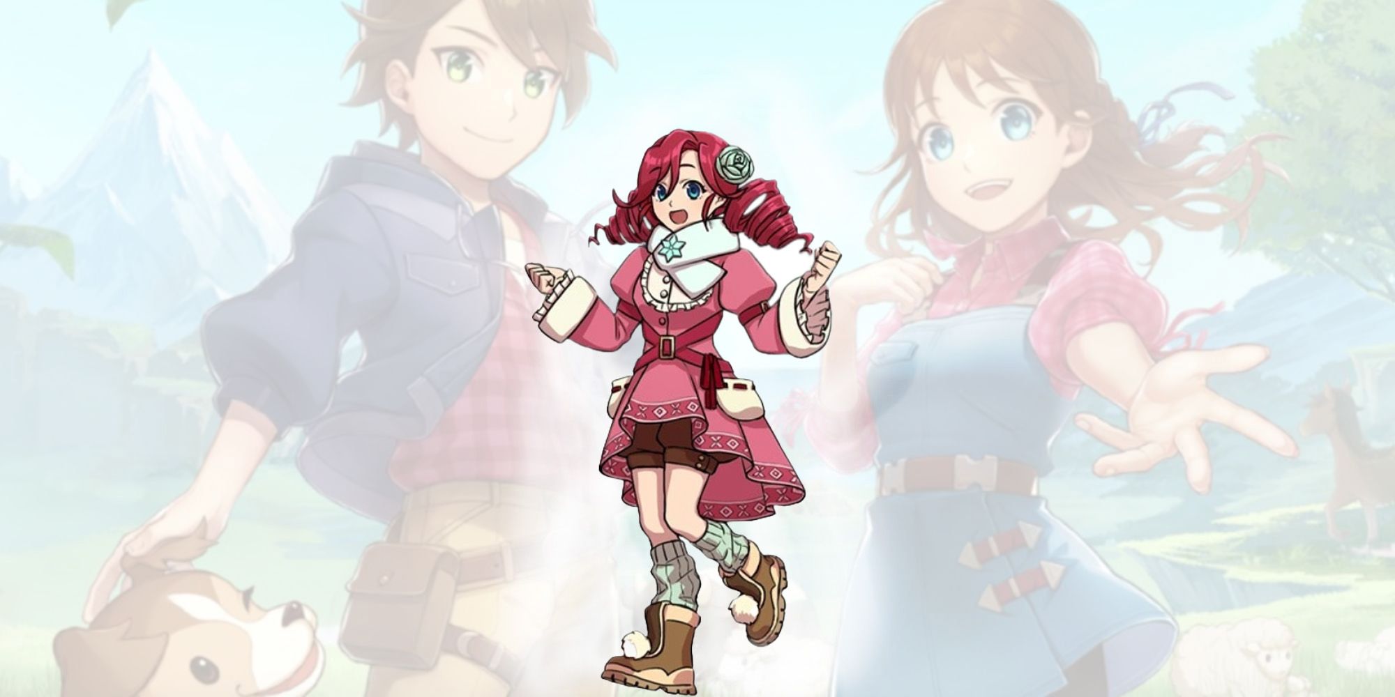 Lina from Harvest Moon: Winds of Anthos poses as if she's about to begin skipping. Her hair is in two large whimsical spirals.