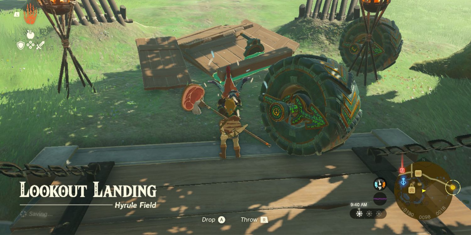 link holding a chicken and a mop with meat on it in Tears of the Kingdom