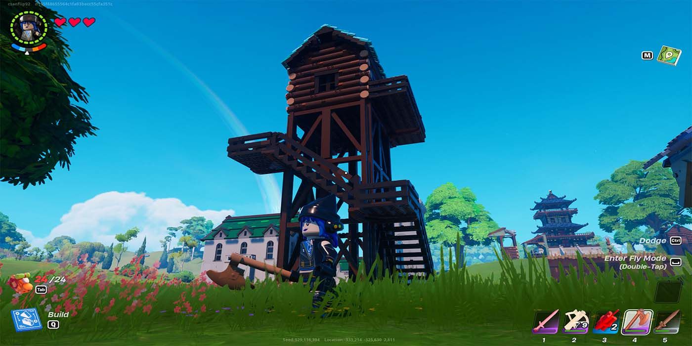 The Log Watch Tower, a log cabin lookout post from Lego Fortnite.