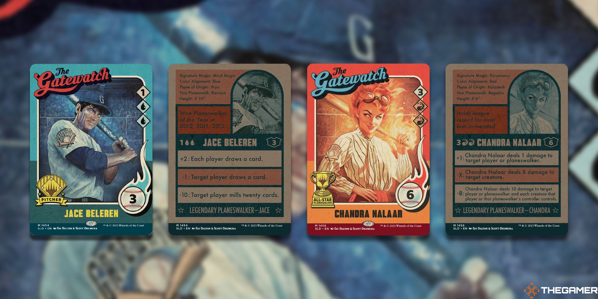The front and back faces of two cards from Magic: The Gathering's Magic: The Baseballing Secret Lair Drop