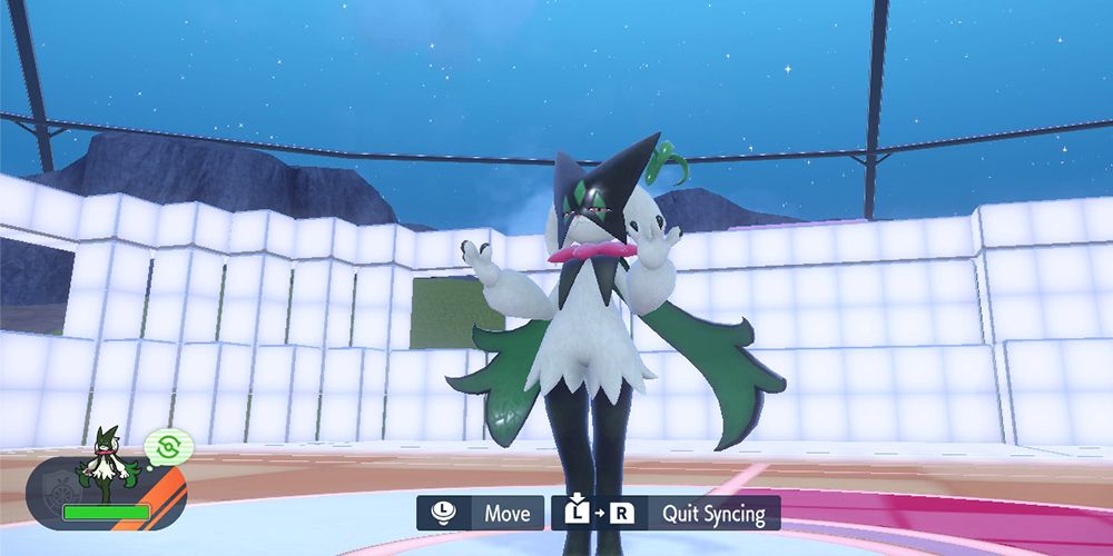 Meowscarada going through their idle animation while using the Synchro Machine