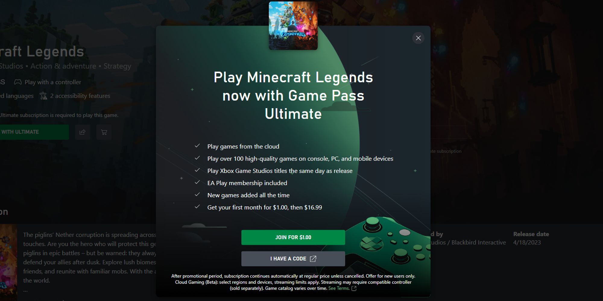 minecraft legends on xbox cloud gaming
