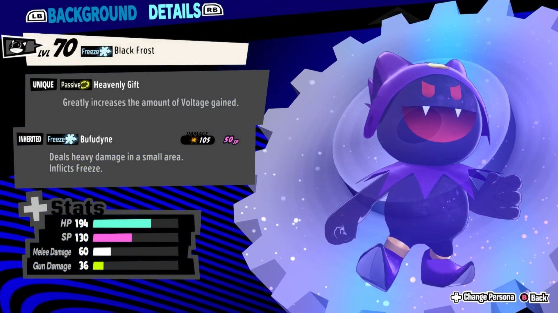 A picture of Black Frost with the Heavenly Gift and Bufudyne abilities in Persona 5 Tactica.