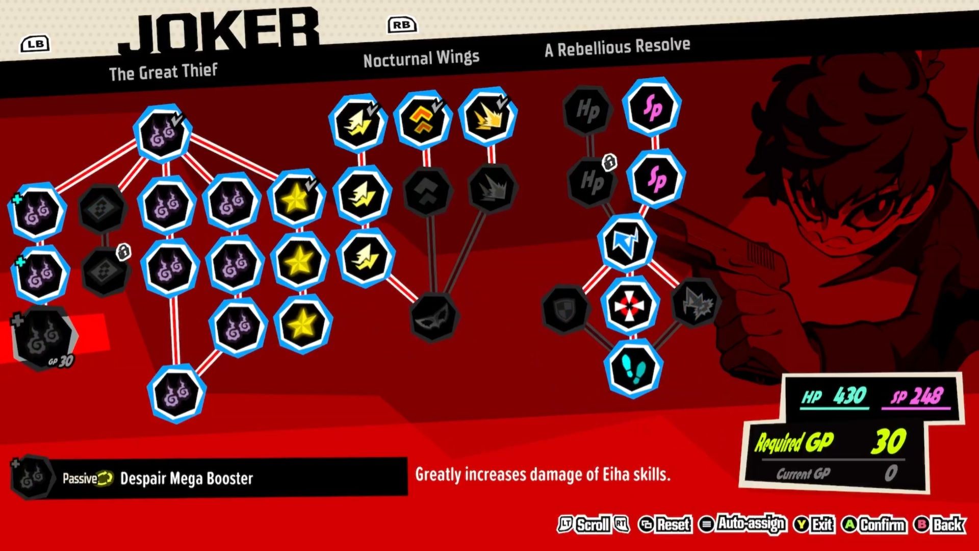 An offense build for Joker where it prioritizes his movement, spells, and Voltage Skill in Persona 5 Tactica.