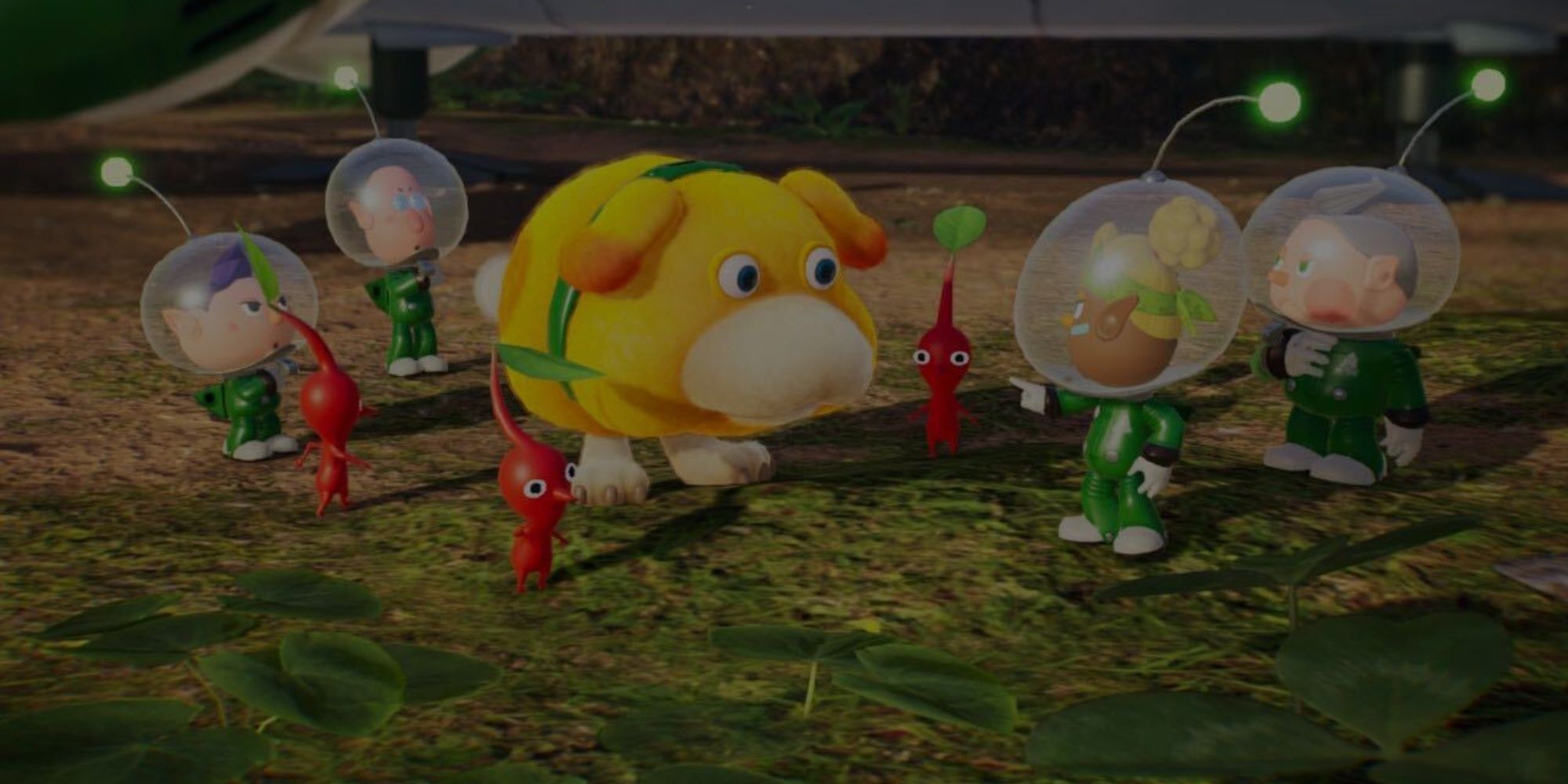 oatchi surrounded by other characters and red pikmin in pikmin 4