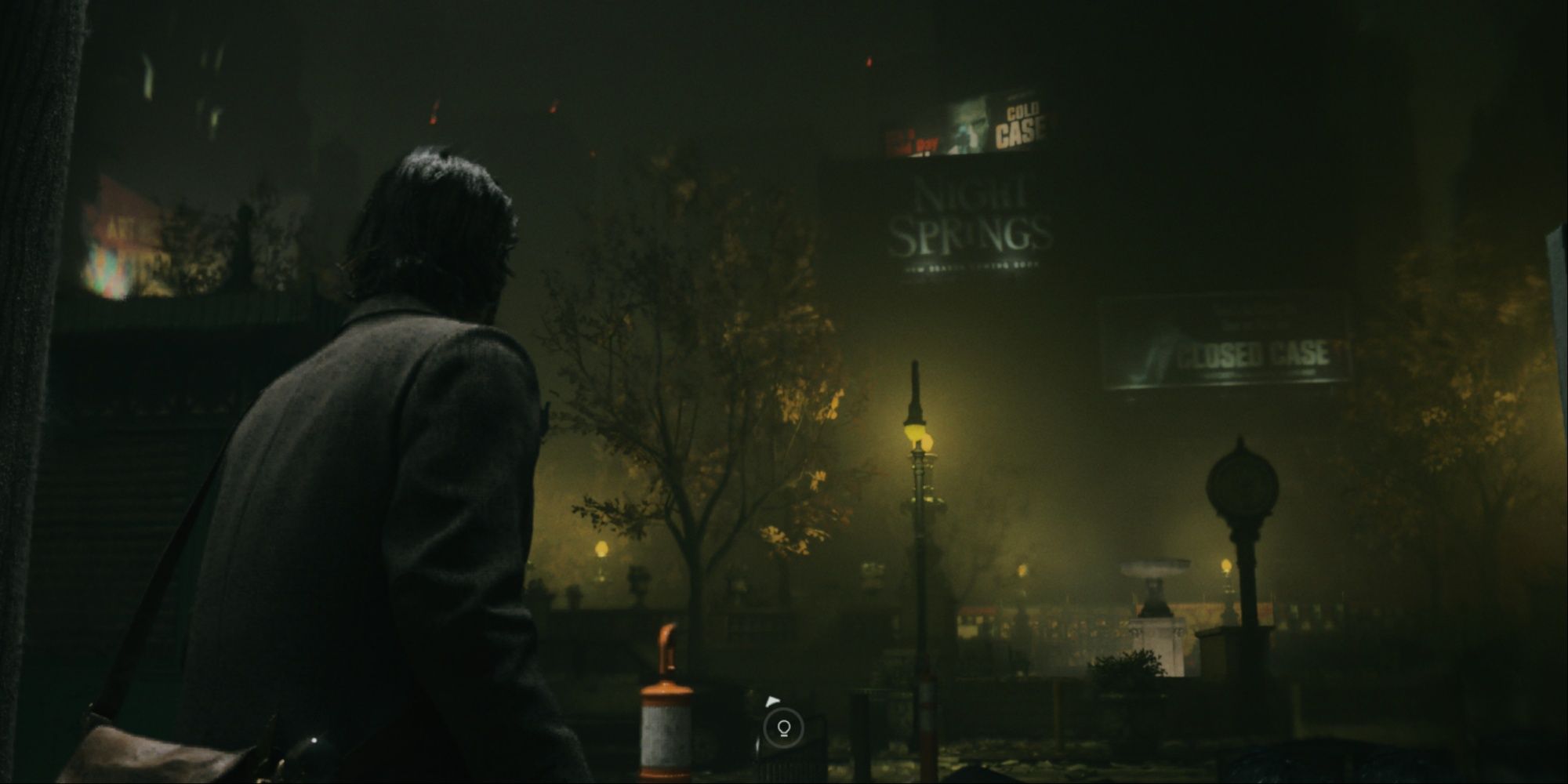 Alan Wake standing just outside the entrance to the subway looking across the map at a billboard advertising Night Springs.