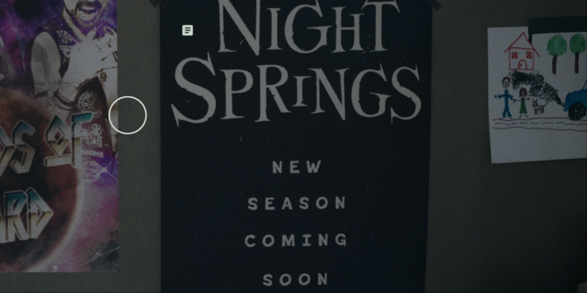 Close-up of the poster for a new season of Night Springs taped next to the signed Old Gods of Asgard poster in Logan's bedroom.