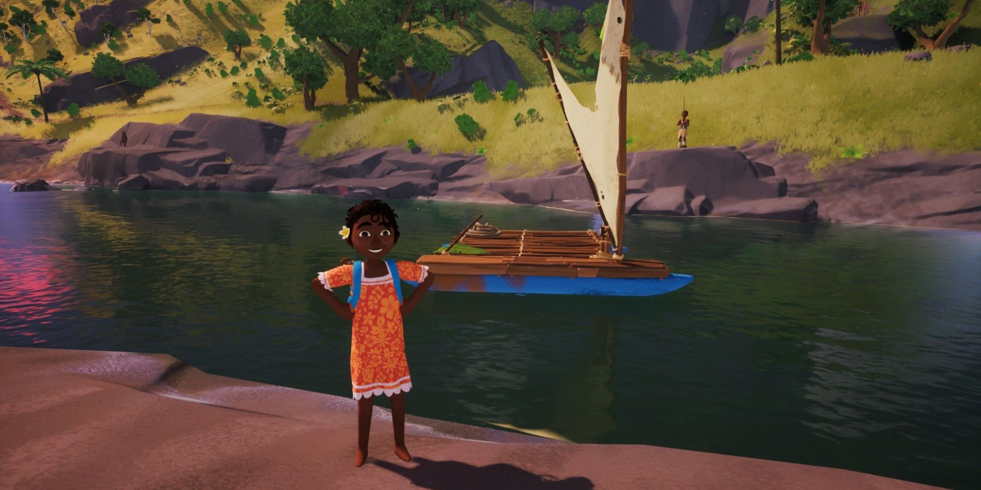 tchia smiling next to her raft on the river