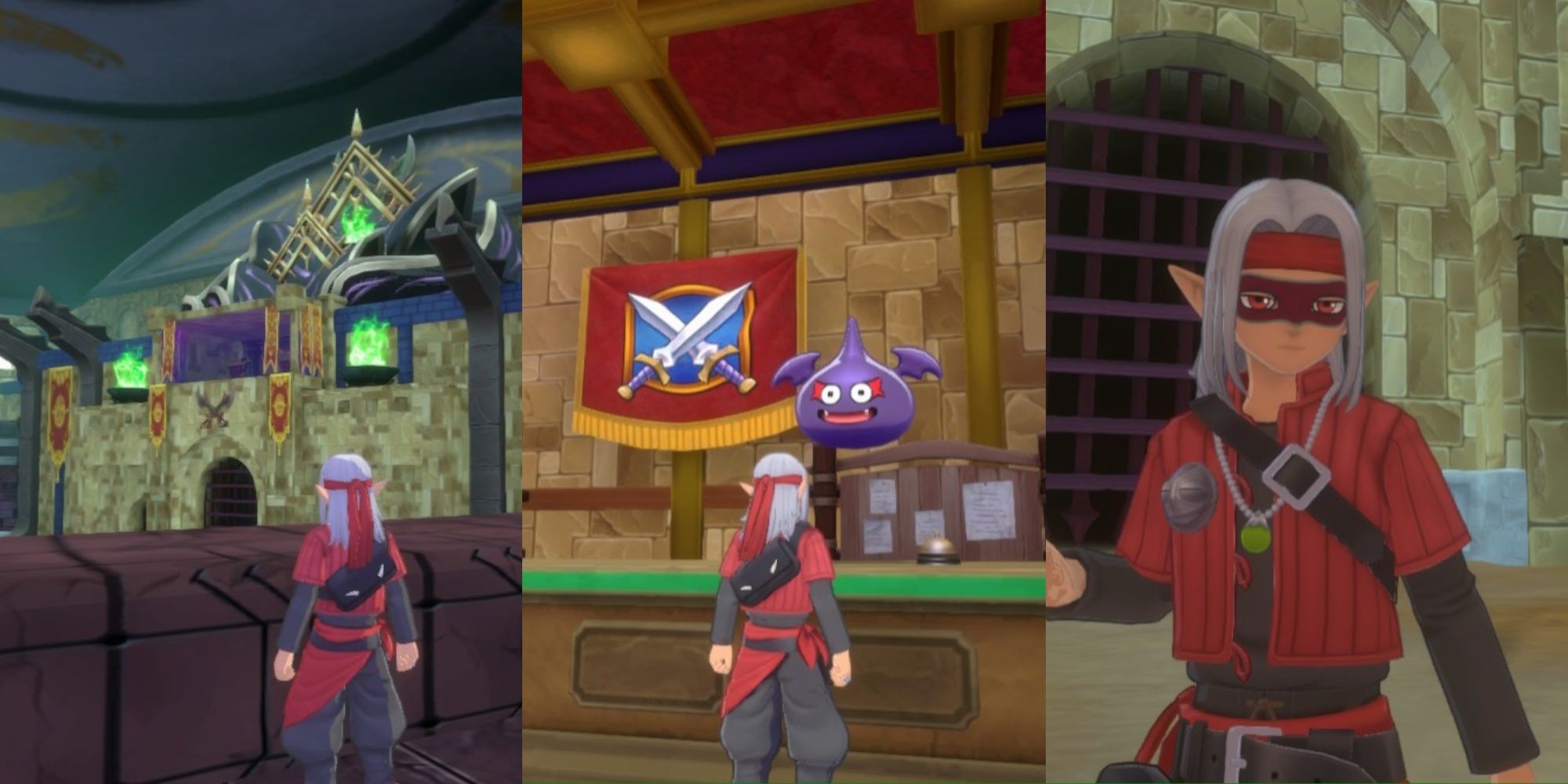 Split image featuring Psaro in the Maulosseum stands, Psaro speaking to the slime at the counter of the Maulosseum, and Psaro as the Cryptid Kid in Dragon Quest Monsters: The Dark Prince.