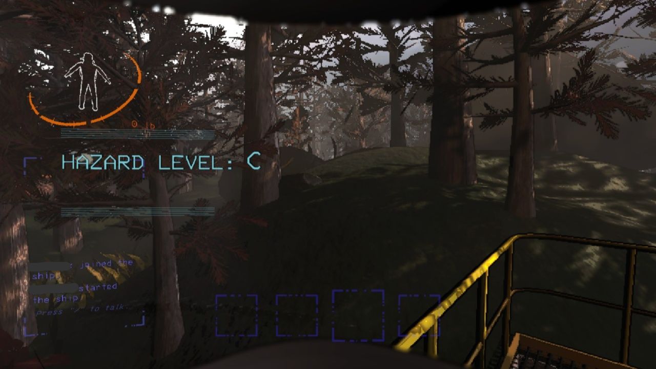 Worker standing on their ship on the forest-planet of Vow and receiving a Hazard Level of C upon arriving in Lethal Company.