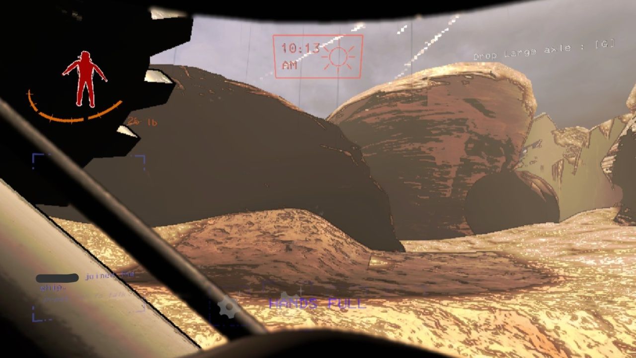 Worker character carrying a piece of scrap and standing near a quicksand pit caused by rain on the planet Assurance in Lethal Company.