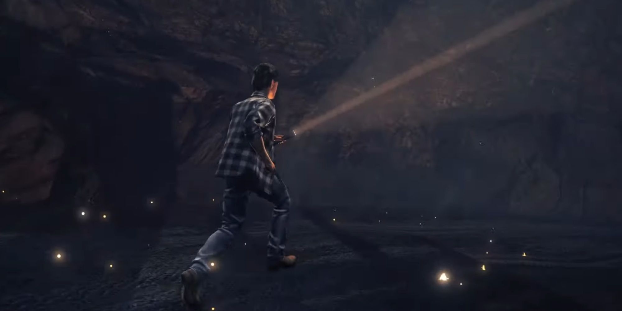 Alan Wake running from explosions with his flashlight equipped as Kasabian's 'Club Foot' is playing.