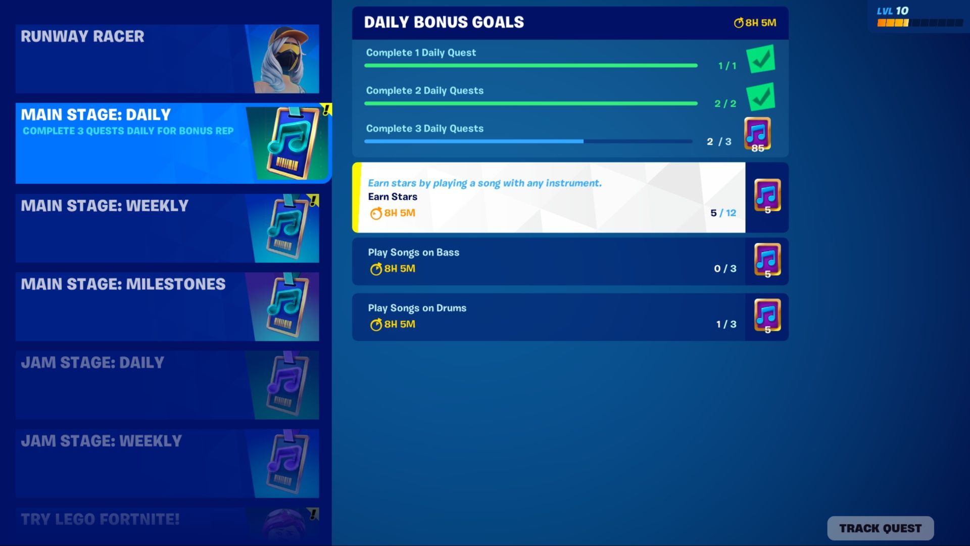 A list of Main Stage Daily Quests to earn stars, play Bass, and play Drums in Fortnite Festival.