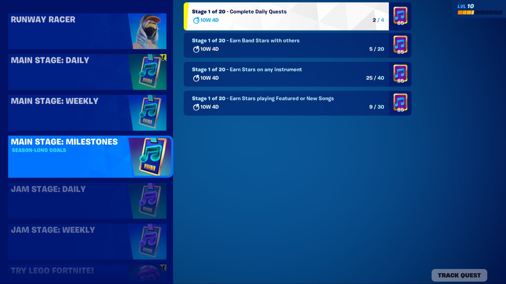 A list of the four Main Stage Milestones in Fortnite Festival's first season.