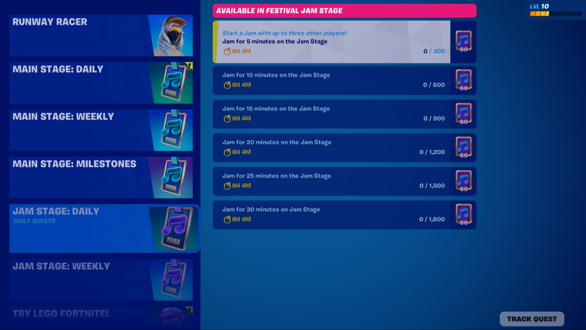 The six daily quests given for Jam Stage in Fortnite Festival.