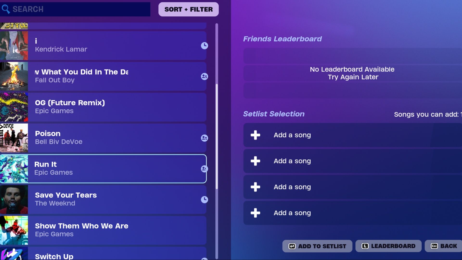 A list of songs available, thanks to some being Featured and others being Shared in Fortnite Festival.