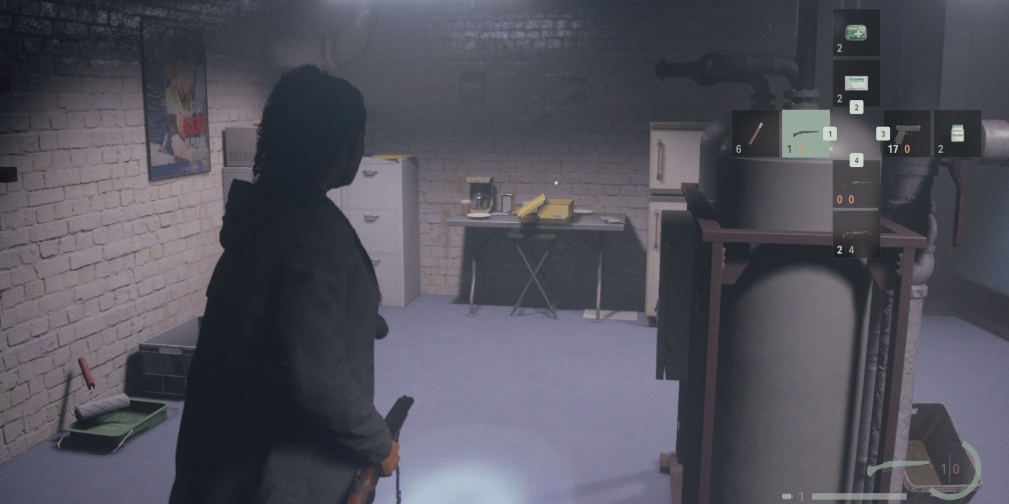 Saga in the break room of the Bright Falls Sheriff's Station with the D-Pad Slots of weapons and health items in the upper corner of the screen.