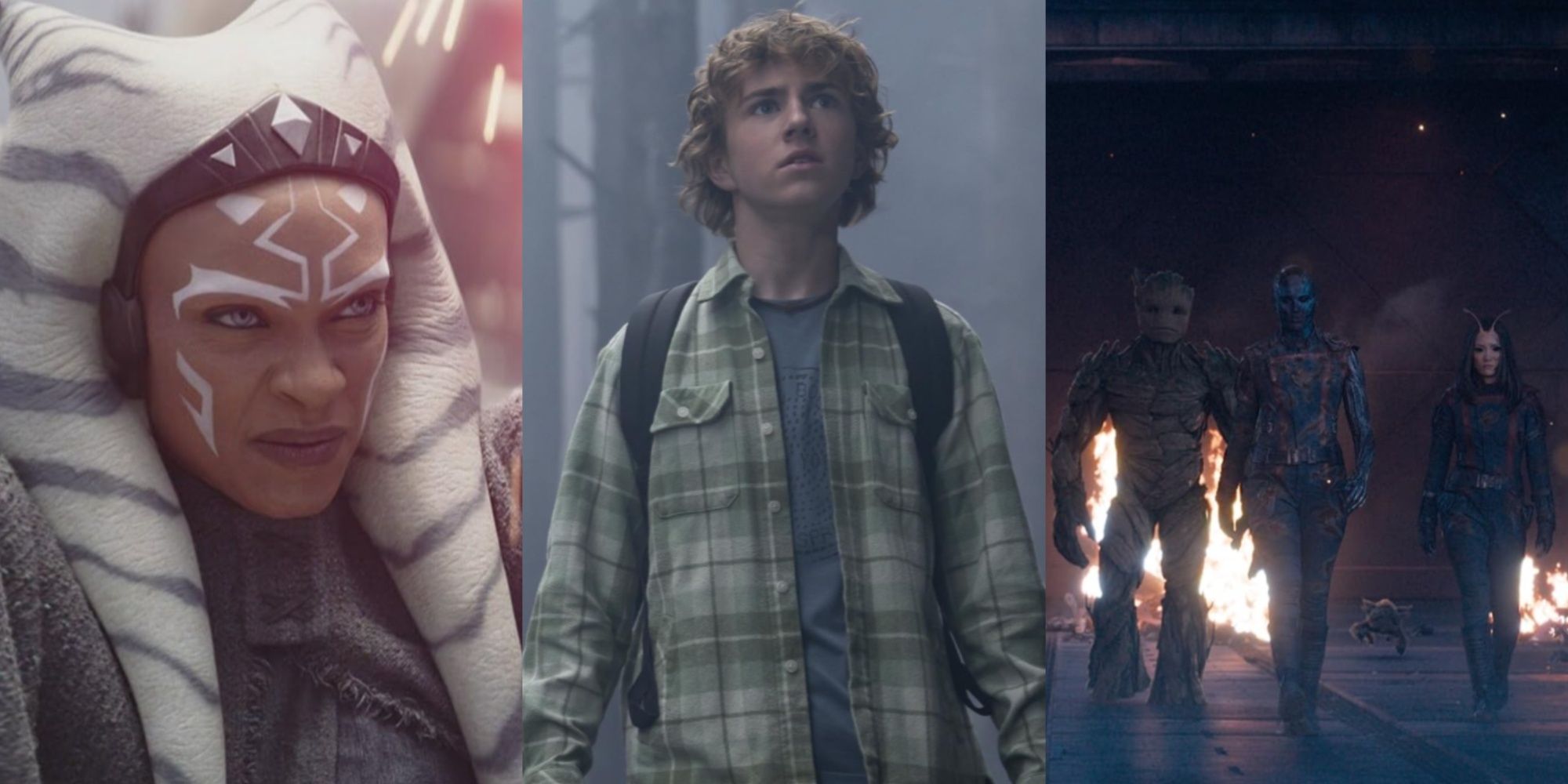 Three-image collage of Ahsoka from the Ahsoka series, titular hero Percy Jackson in Percy Jackson and the Olympians, and Groot, Nebula, and Mantis from Guardians Vol. 3.