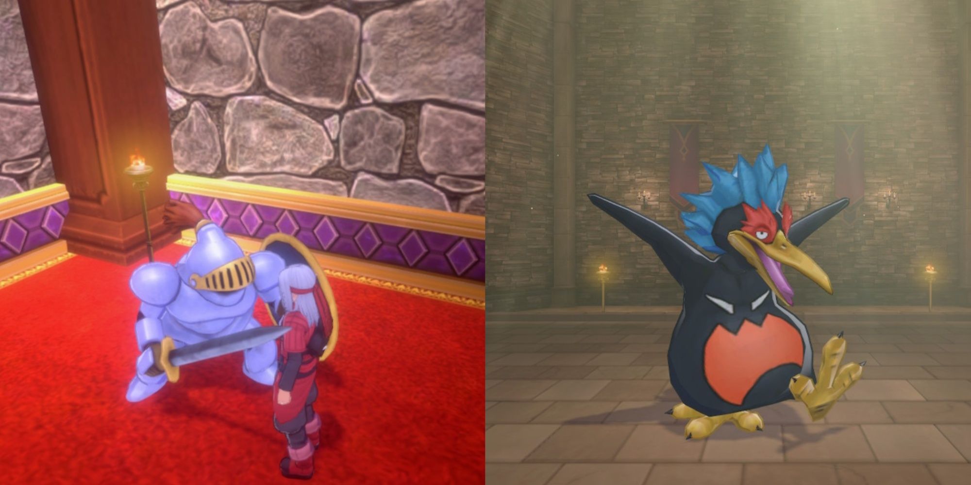Split image featuring Psaro standing next to a Restless Armour in Diabolic Hall and a newly synthesized Rockin' Rockhopper in Dragon Quest Monsters: The Dark Prince.
