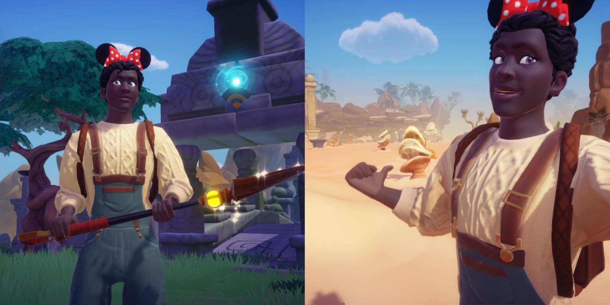 Split image featuring a player character holding their shovel in their hands and a player character taking a selfie and posing in the Glittering Dunes in Disney Dreamlight Valley.