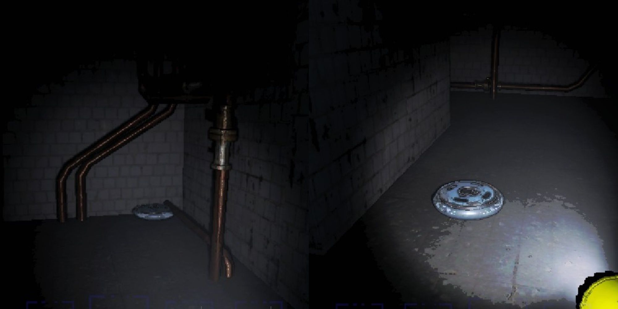 Split image featuring a landmine illuminated in the corner of a hallway, and a player character shining a pro-flashlight landmine sitting in the middle of a hallway in Lethal Company.