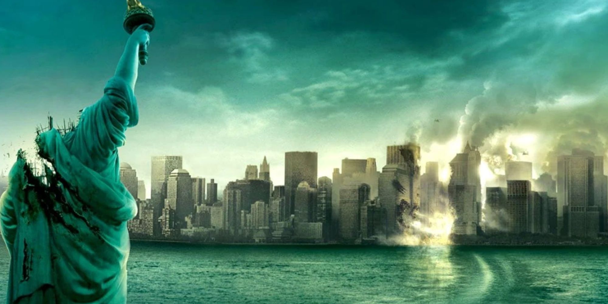 A damaged Statue of Liberty overlooks a ravaged New York.