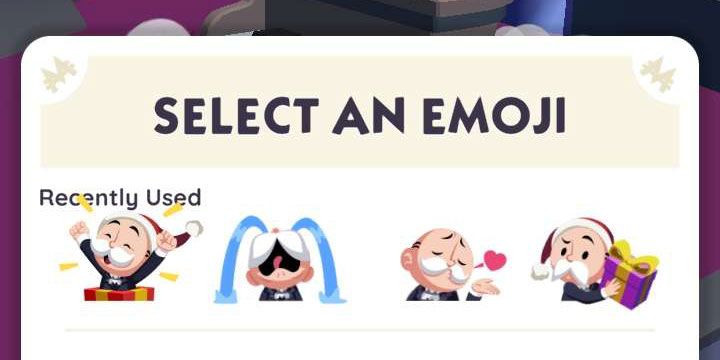 The emoji selection screen after a Shut Down or Bank Heist in Monopoly GO! showing a few emojis of Mr Monopoly doing various things like popping out of a gift or crying.
