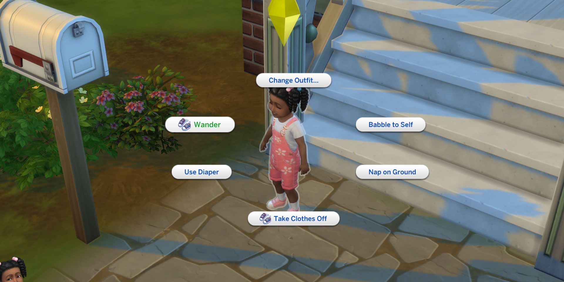 A toddler in The Sims 4standing outside about to start wandering. The wander option is selected in the pie menu.