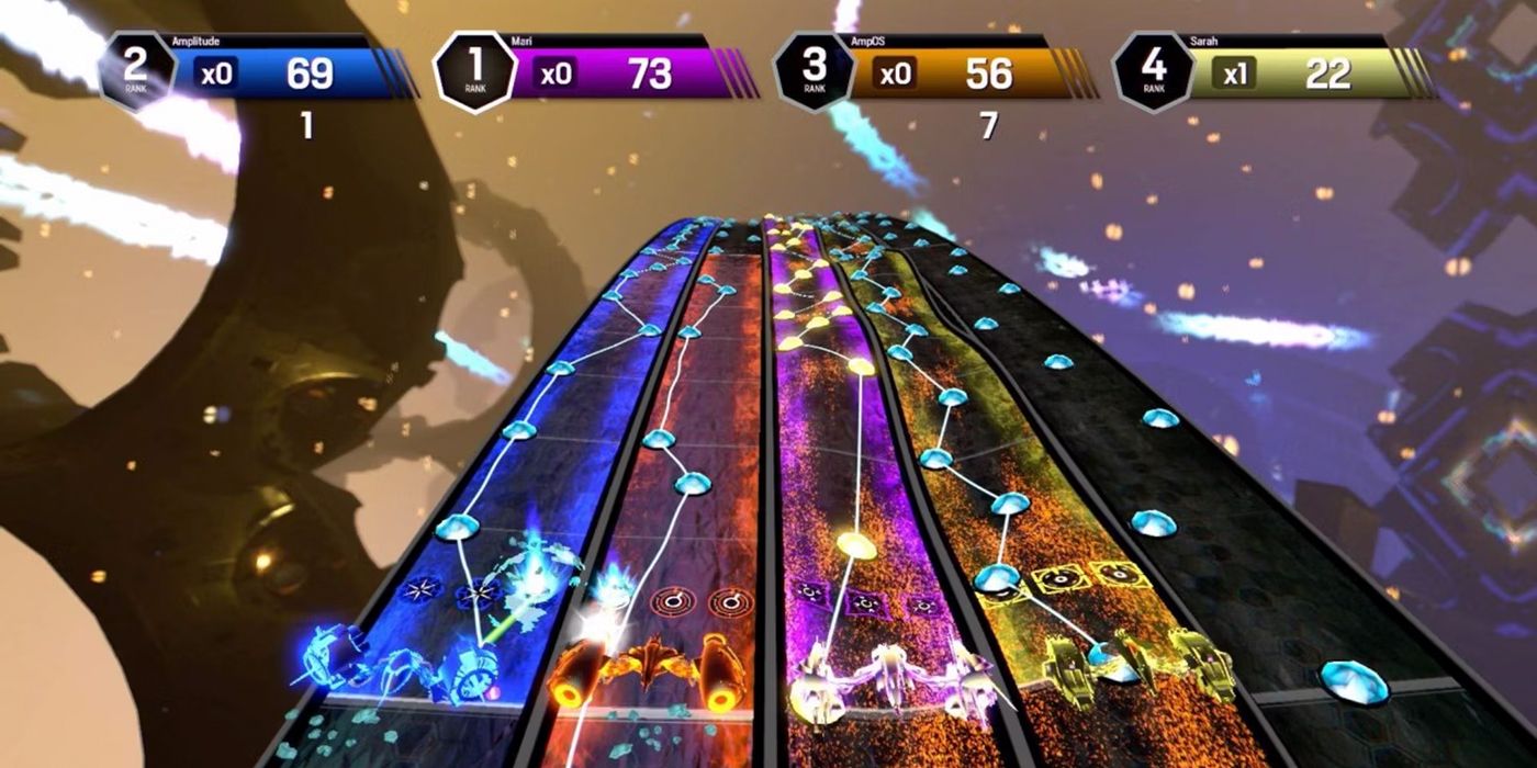 Four spaceships compete to successfully play the most musical tracks in Amplitude.