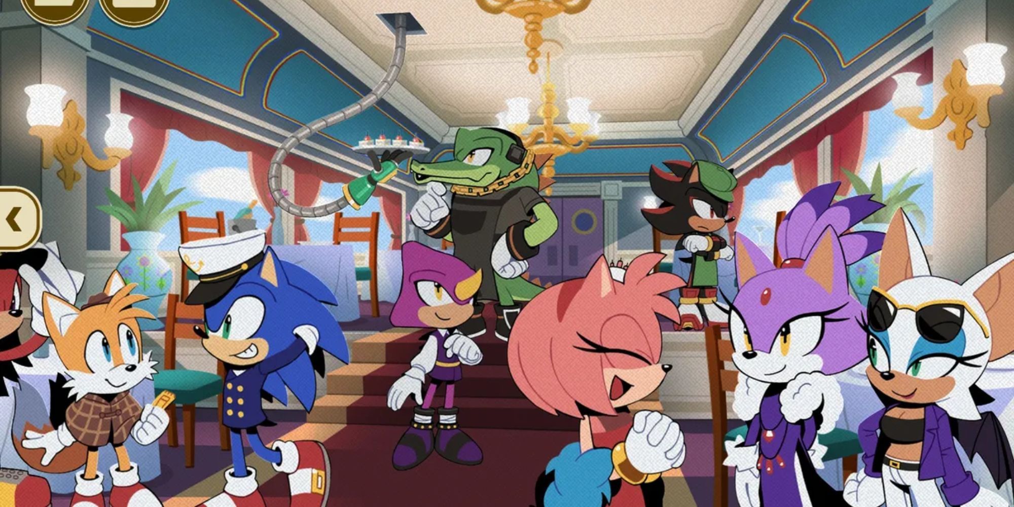 A group of sonic characters gather in a train