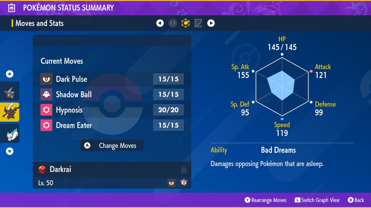 Mystery Gift Darkrai moves listed in Pokemon Scarlet and Violet.