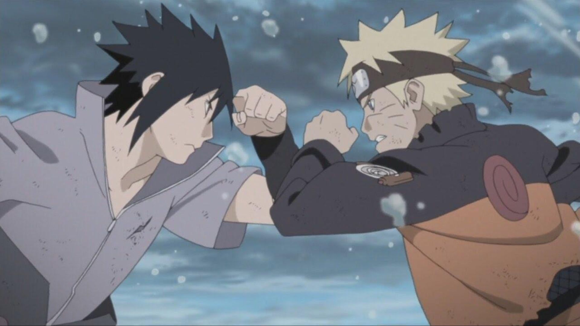 Sasuke and Naruto squaring off in Naruto: Shippuden.