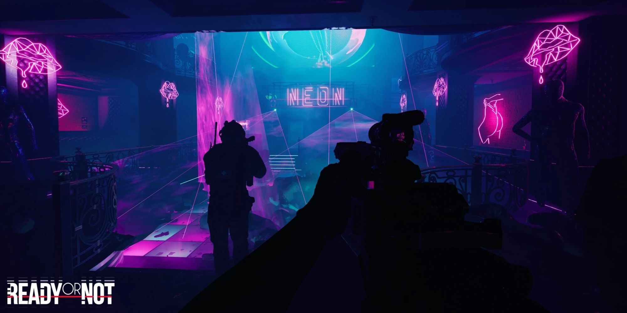 ready or not duo searching dark neaon lit nightclub