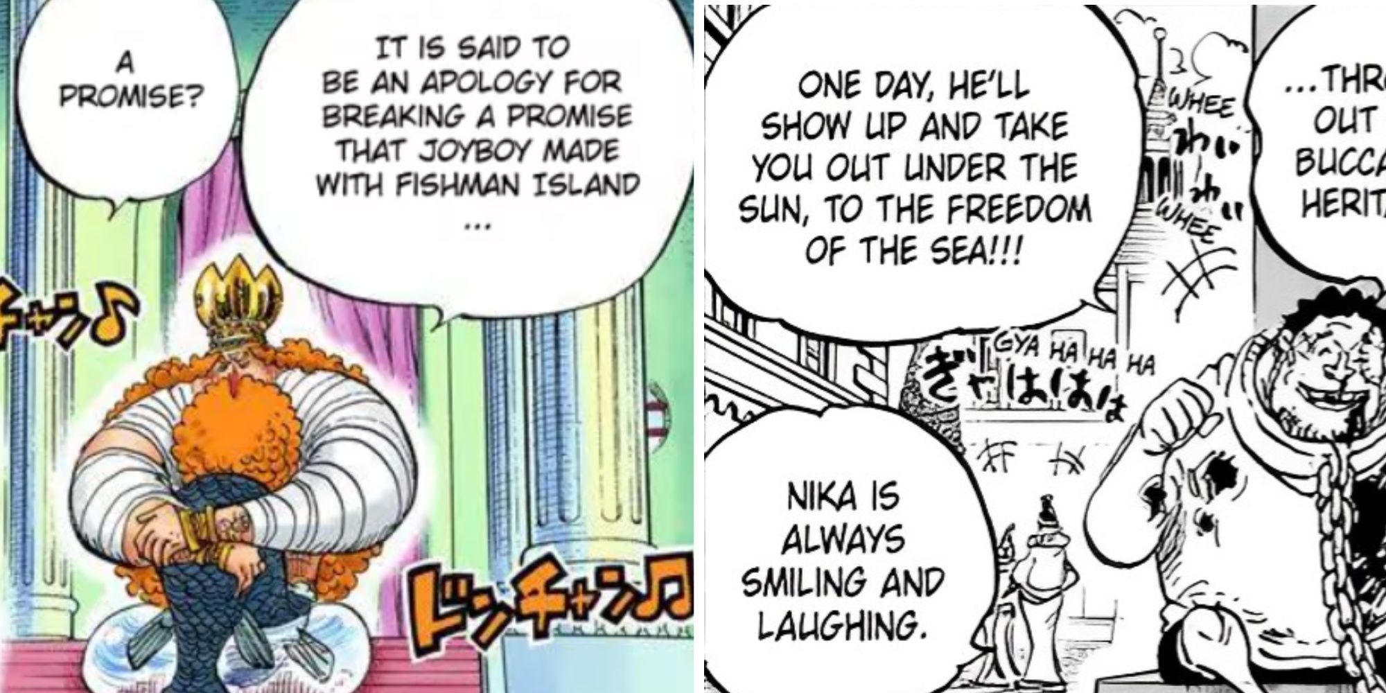 Neptune disclosing Joyboy's promise to his people, and a young Kuma telling his fellow slave companions about Nika