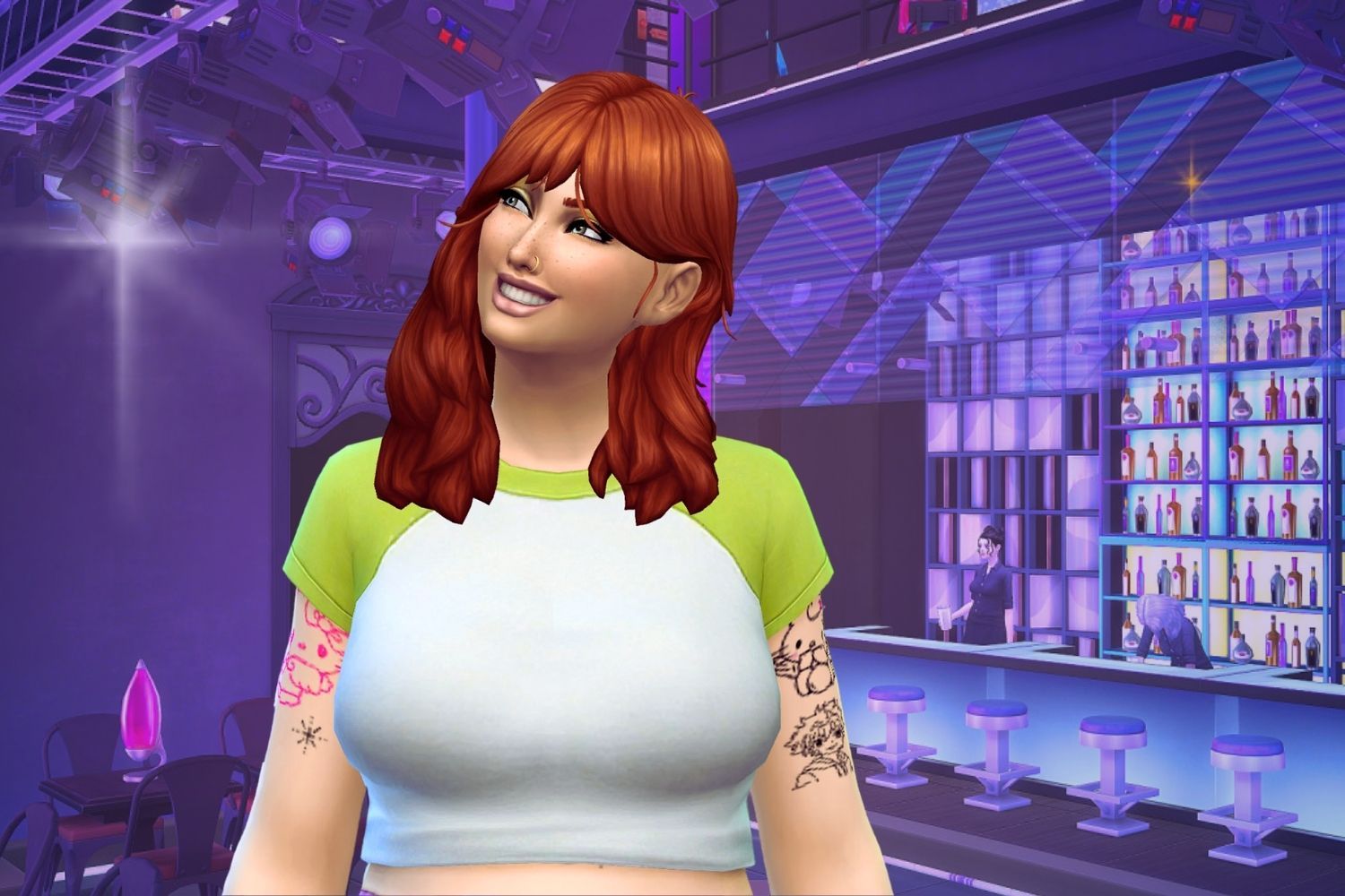 A feminine Sim in the sims 4 with medium-length red shaggy hair smiles excitedly as she enters a nightclub.