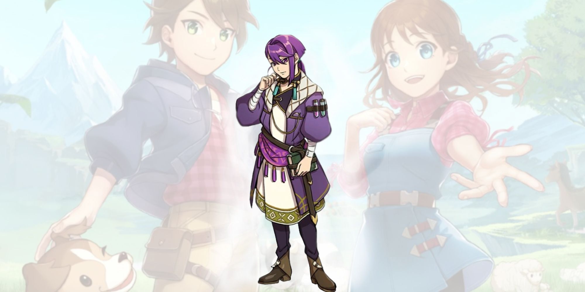 nikolai from Harvest Moon: Winds of Anthos, the young apothecary poses with his hand shyly by his face.