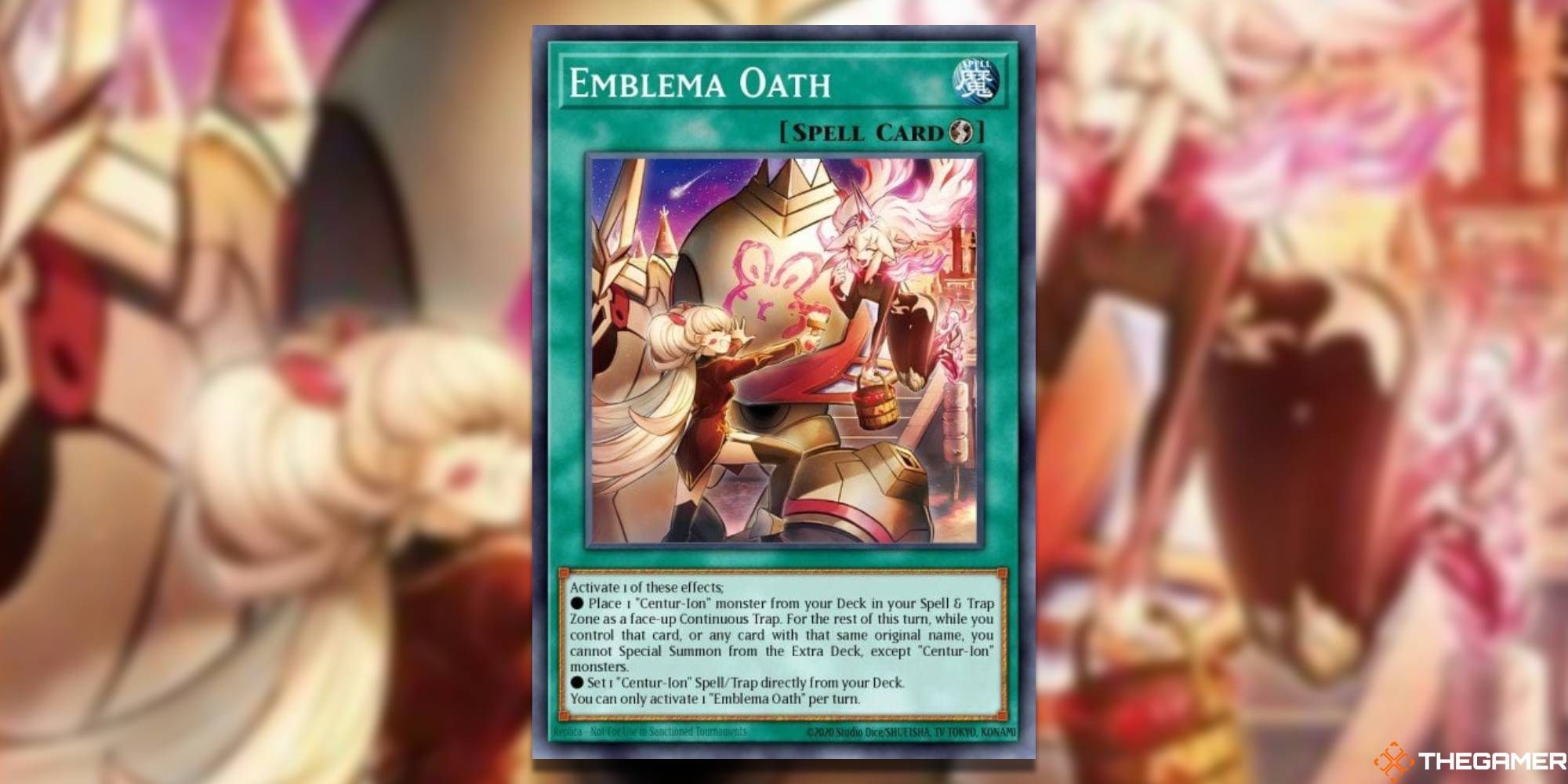 Yu-Gi-Oh! Card: Emblema Oath - With A Blurred Background and TheGamer Logo