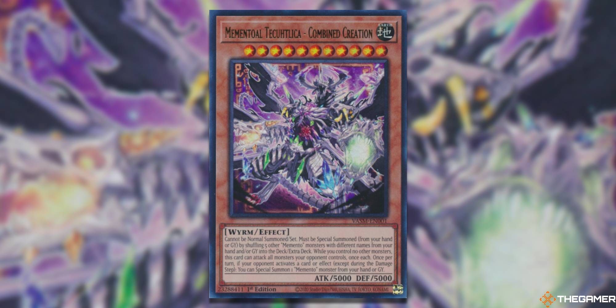 Yu-Gi-Oh! Card: Mementoal Tecuhtlica - Combined Creation - With A Blurred Background and TheGamer Logo