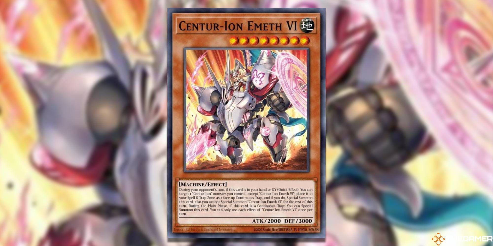 Yu-Gi-Oh! Card: Centur-Ion Emeth 6 - With A Blurred Background and TheGamer Logo