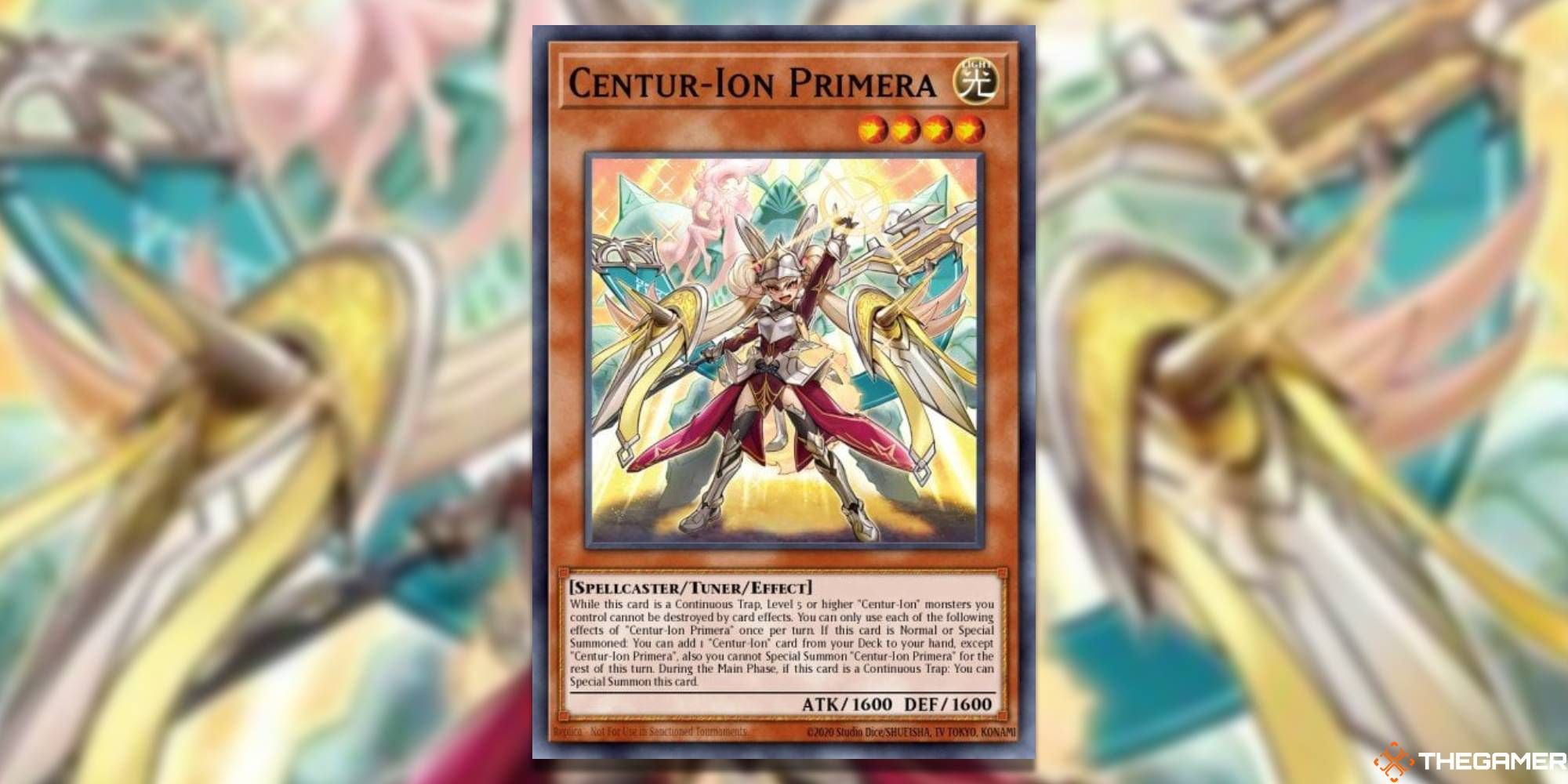 Yu-Gi-Oh! Card: Centur-Ion Primera - With A Blurred Background and TheGamer Logo
