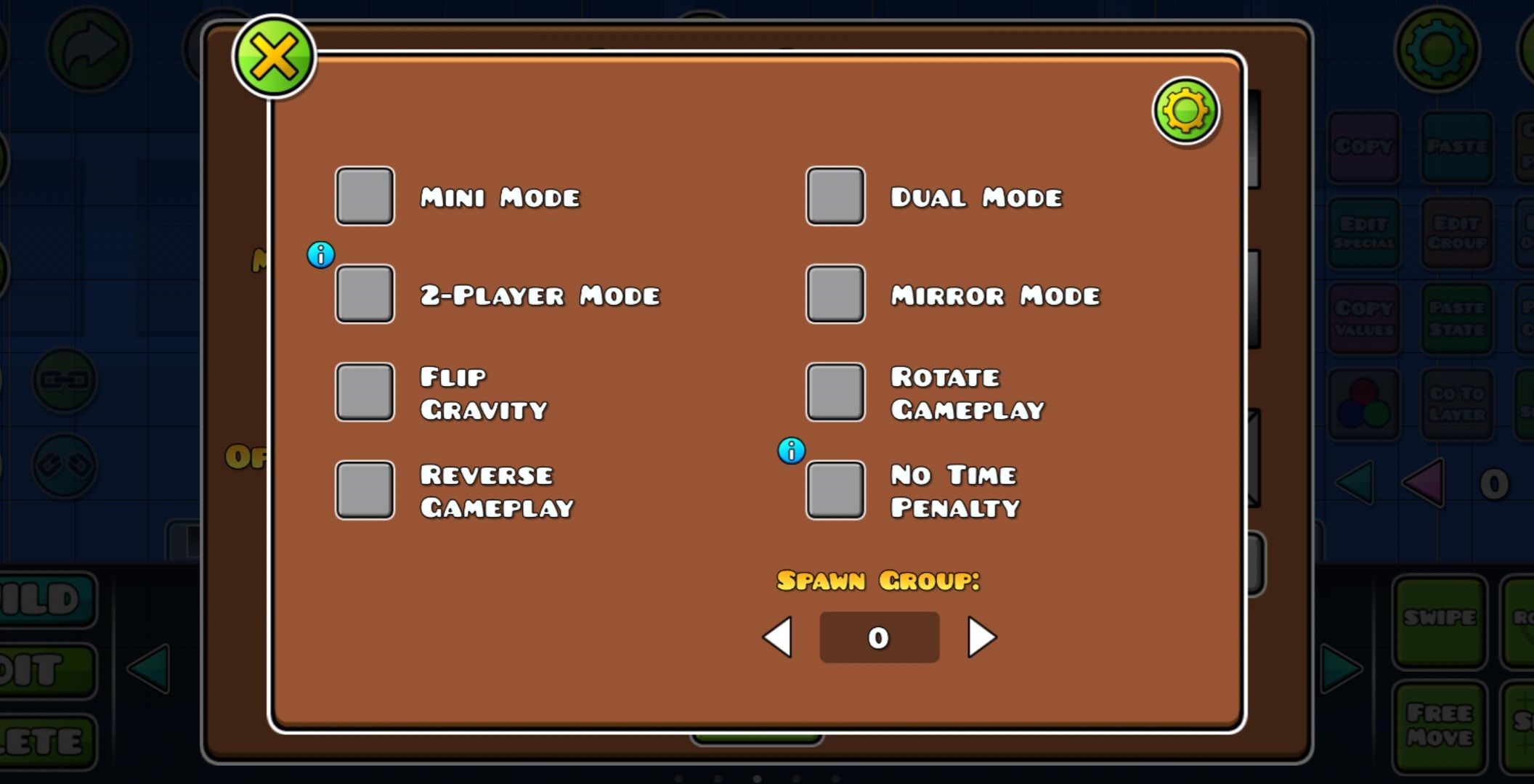 The Options in level settings in Geometry Dash.