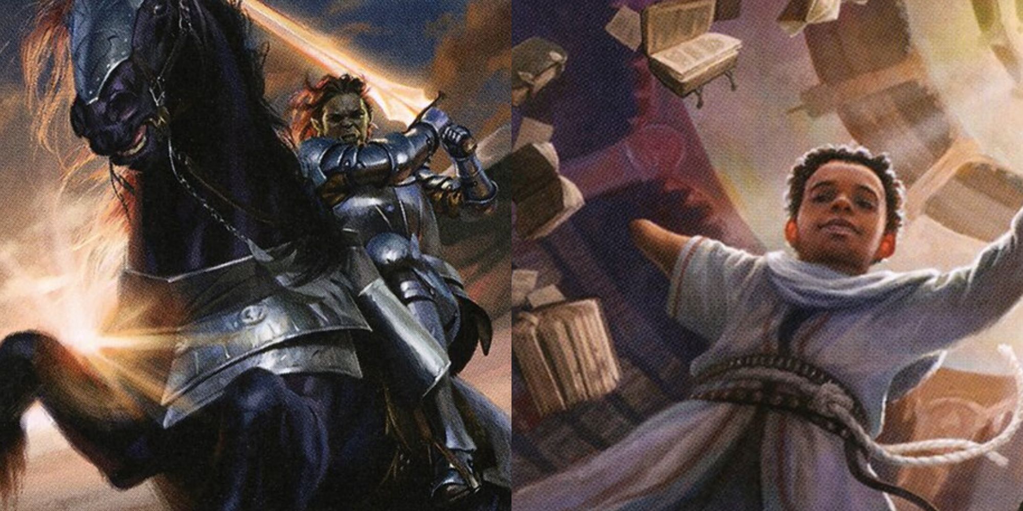 Two artworks. On the right is an orc paladin on a horse, on the left is a halfling cleric with a missing hand causing books to float