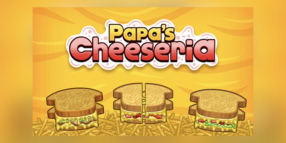 Papa's Cheeseria logo displayed with grilled cheese sandwiches sitting on top of a mountain of fries.